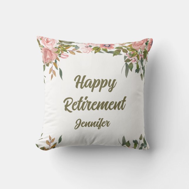 Pink Floral Greenery Rustic Boho Happy Retirement  Throw Pillow (Front)