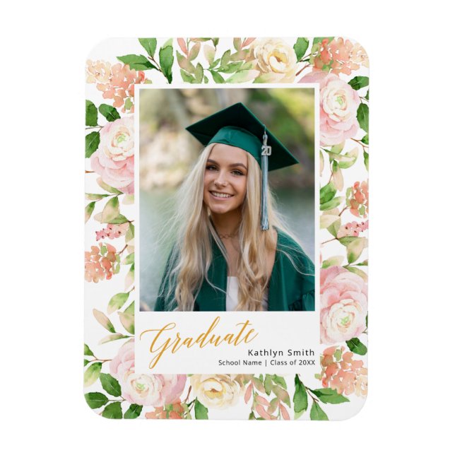 Pink Floral Greenery Script Girl Graduation Photo Magnet (Vertical)