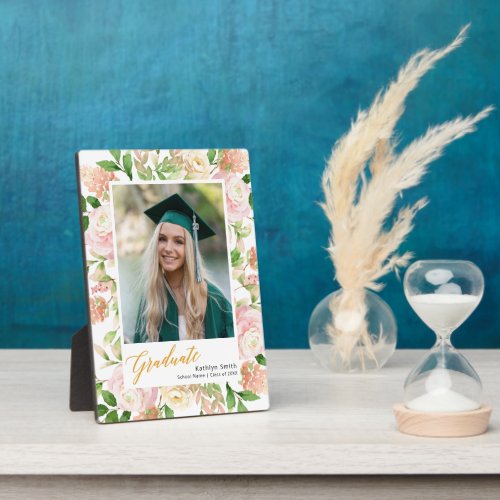 Pink Floral Greenery Script Girl Graduation Photo Plaque