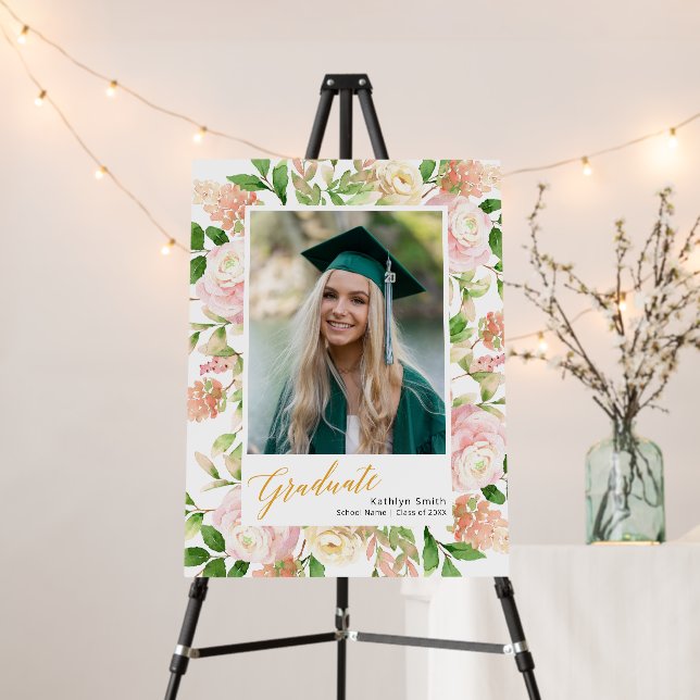 Pink Floral Greenery Script Girl Photo Graduation Foam Board (In Situ (Stand))