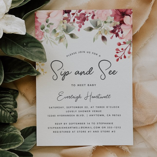 Pink Floral Greenery Sip and See Girl Baby Shower Invitation (Creator Uploaded)