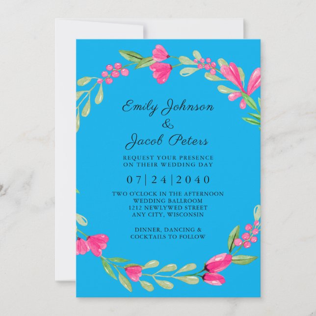 Pink Floral Greenery Sky Blue Elegant Wedding Announcement (Front)