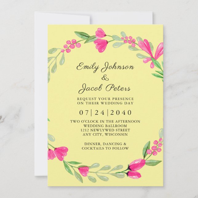 Pink Floral Greenery Spring Yellow Elegant Wedding Announcement (Front)