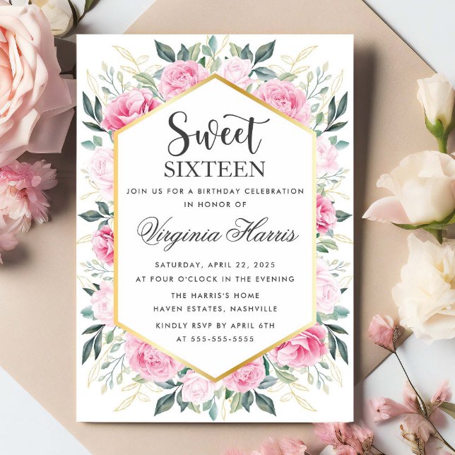 Pink Floral Greenery Sweet Sixteen 16 Birthday Invitation (Creator Uploaded)