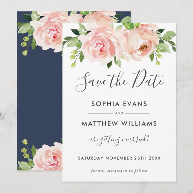 Pink Floral Greenery Wedding Save the Date Card (Front/Back)