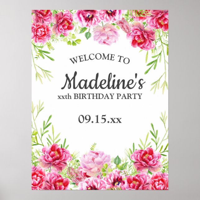 Pink Floral Greenery White Birthday Party Poster (Front)