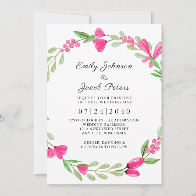 Pink Floral Greenery White Elegance Wedding Announcement (Front)