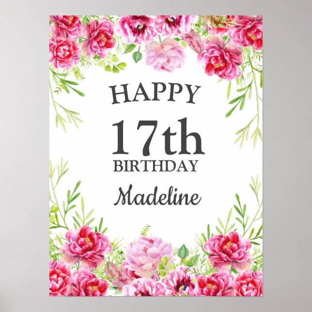 Pink Floral Greenery White Happy Birthday Poster (Front)