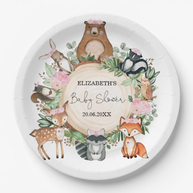 Pink Floral Greenery Woodland Animals Baby Shower Paper Plates (Front)