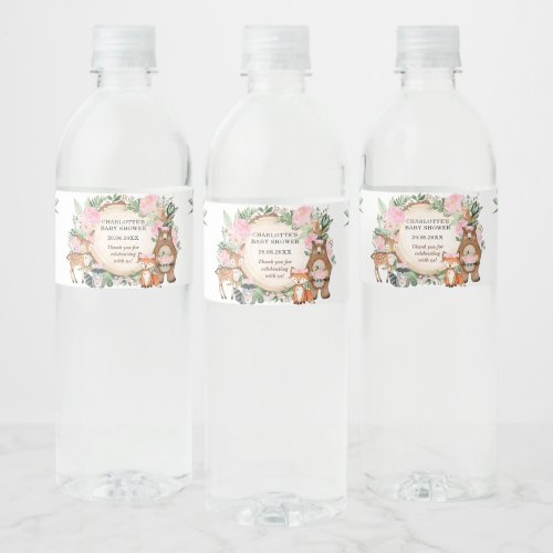 Pink Floral Greenery Woodland Baby Shower Favors Water Bottle Label