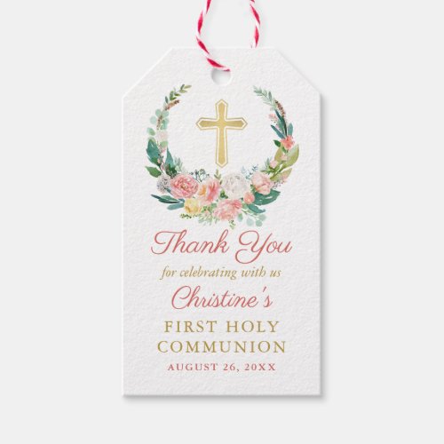 Pink Floral Greenery Wreath First Holy Communion Gift Tags
