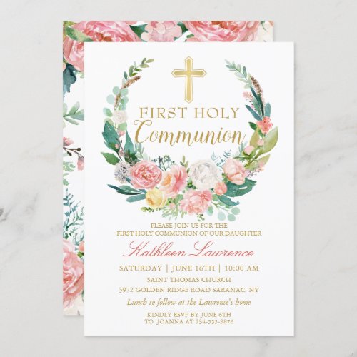 Pink Floral Greenery Wreath First Holy Communion Invitation