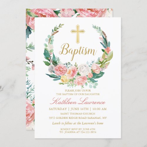 Pink Floral Greenery Wreath Girl Baptism Invitation