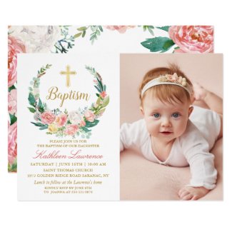 Pink Floral Greenery Wreath Girl Baptism Photo Invitation