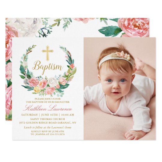 Pink Floral Greenery Wreath Girl Baptism Photo Invitation | Zazzle.com