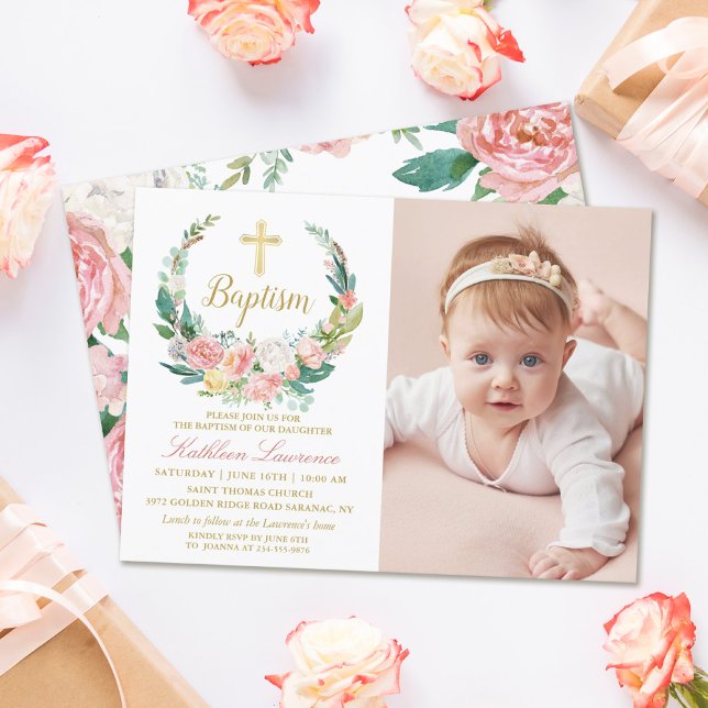 Pink Floral Greenery Wreath Girl Baptism Photo Invitation (Creator Uploaded)