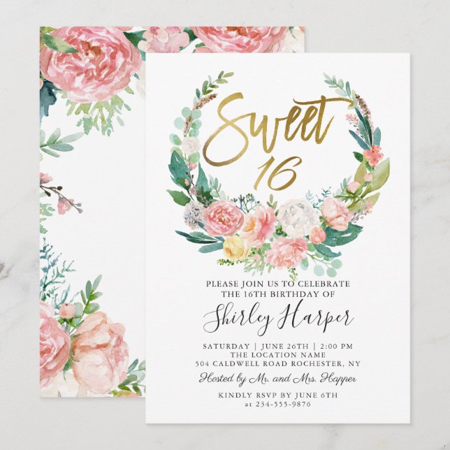 Pink Floral Greenery Wreath Gold Script Sweet 16 Invitation (Front/Back)
