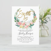 Pink Floral Greenery Wreath Gold Script Sweet 16 Invitation (Standing Front)