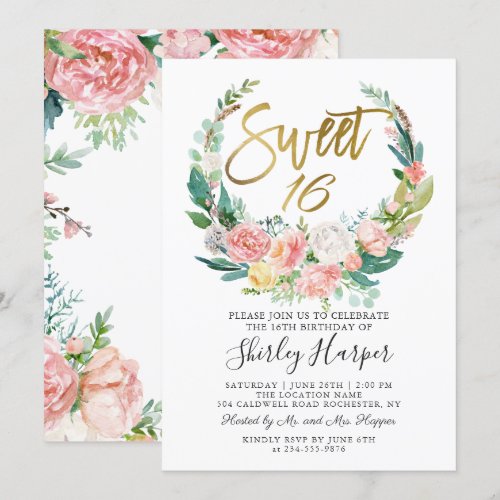 Pink Floral Greenery Wreath Gold Script Sweet 16 Invitation