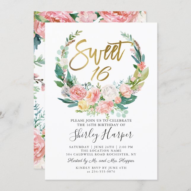 Pink Floral Greenery Wreath Gold Script Sweet 16 Invitation (Front/Back)