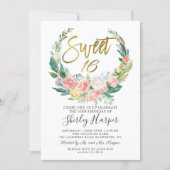 Pink Floral Greenery Wreath Gold Script Sweet 16 Invitation (Front)