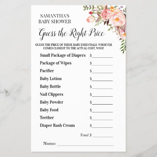 Pink Floral Guess the Right Price Baby Shower Game Flyer