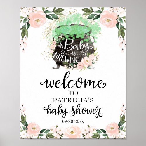 Pink Floral Halloween Baby Shower Welcome Sign 