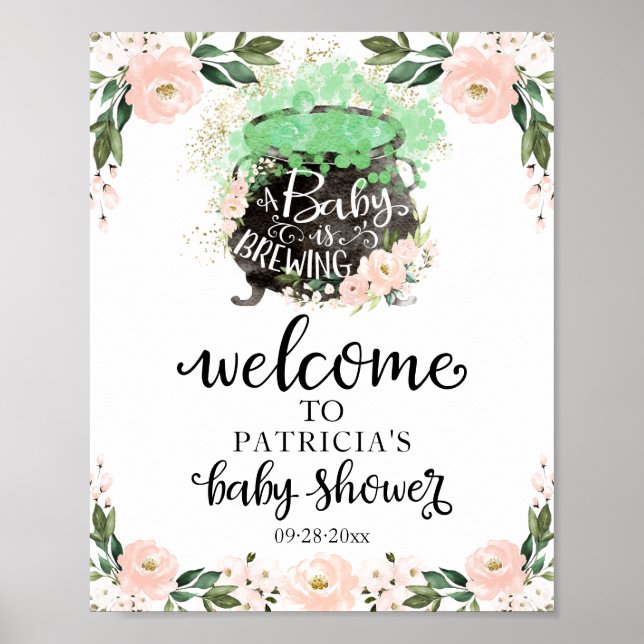 Pink Floral Halloween Baby Shower Welcome Sign  (Front)