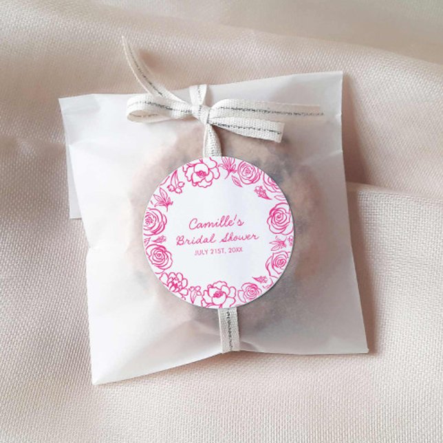 Pink Floral Hand Drawn Classic Round Sticker (Pink Floral Hand Drawn Bridal shower stickers)