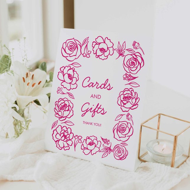 Pink Floral Hand Drawn Favors Sign (Hot Pink Floral Bridal Shower Favors Sign)