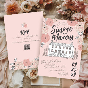 Pink Floral Hand Drawn Tuscan Villa Unique Wedding Invitation