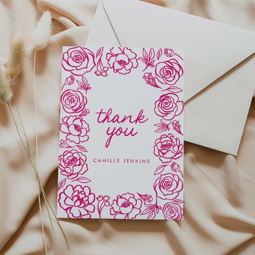 Pink Floral Hand Drawn Whimsical Thank you