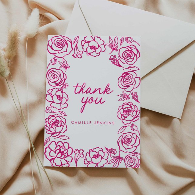 Pink Floral Hand Drawn Whimsical Thank you Card (Pink Floral Elegant Thank you card)