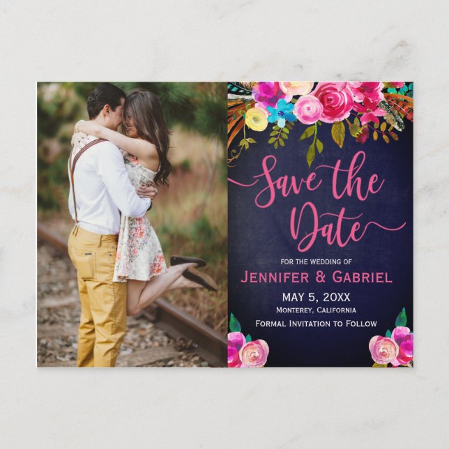 Pink Floral Handwritten | Blue Photo Save the Date Announcement Postcard (Front)