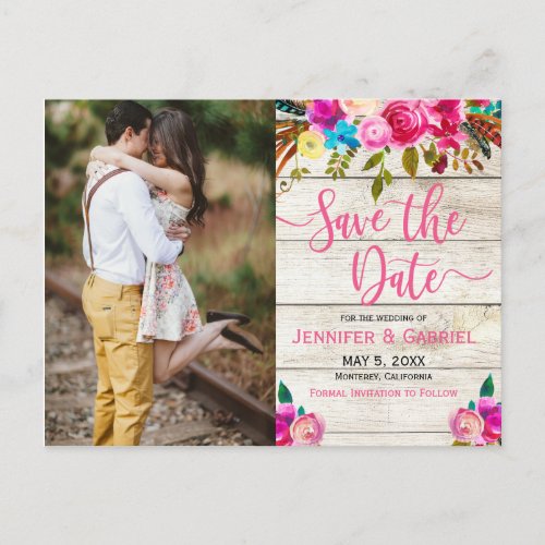 Pink Floral Handwritten Photo Save the Date Announcement Postcard