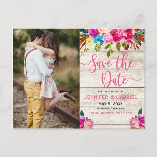 Pink Floral Handwritten Photo Save the Date Announcement Postcard (Front)