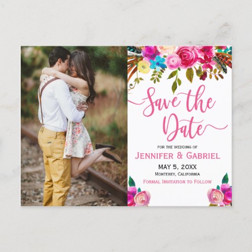 Pink Floral Handwritten Photo Save the Date Announcement Postcard