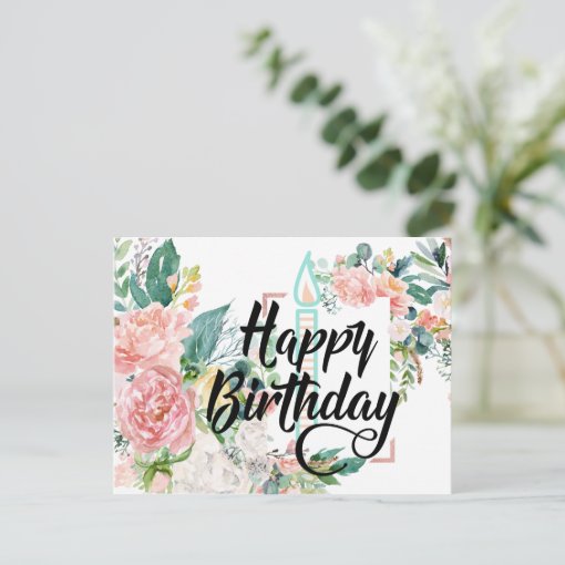 Pink Floral Happy Birthday Postcard | Zazzle