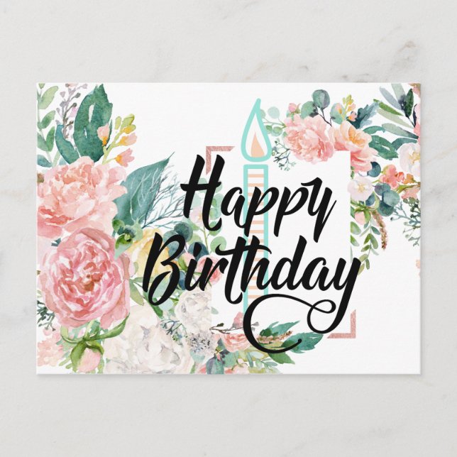 Pink Floral Happy Birthday Postcard (Front)