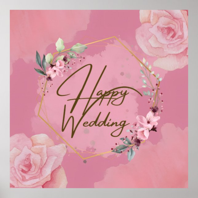 Pink Floral Happy Wedding Poster (Front)