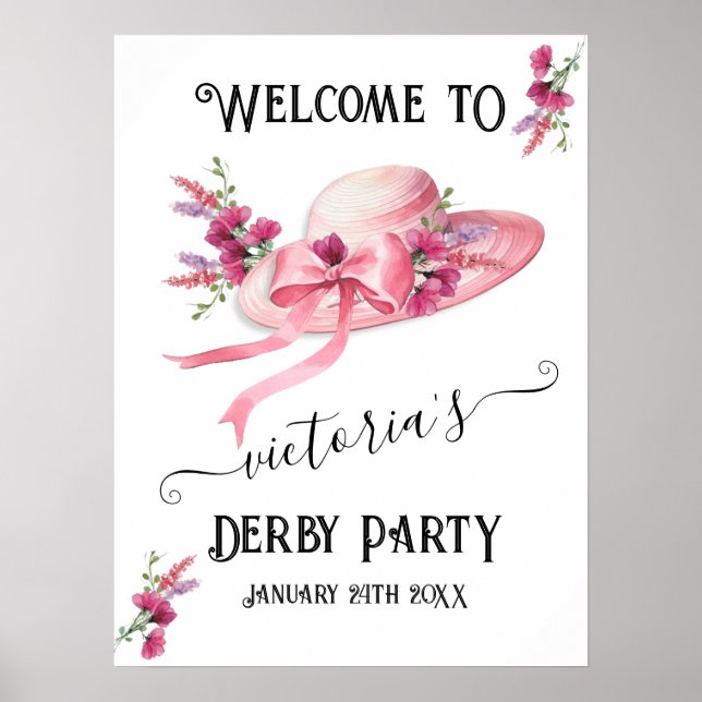Pink floral Hat Derby Bridal Shower Welcome Sign (Front)