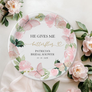 Pink Floral He Gives Me Butterflies Bridal Shower  Paper Plates
