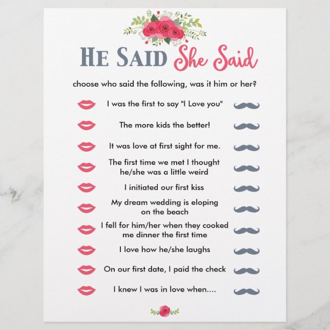 Pink Floral He Said She Said Game (Front)