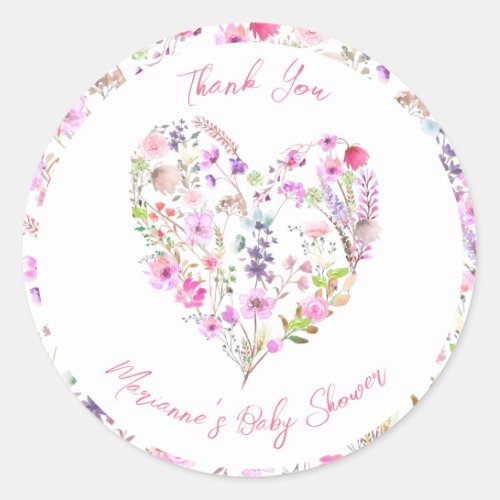 Pink Floral Heart Baby In Bloom Baby Shower Classic Round Sticker