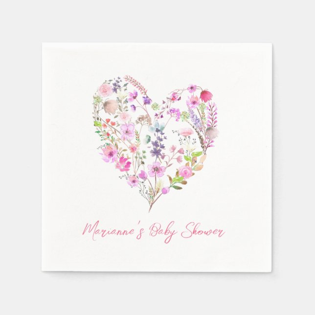 Pink Floral Heart Baby In Bloom Baby Shower Napkins (Front)