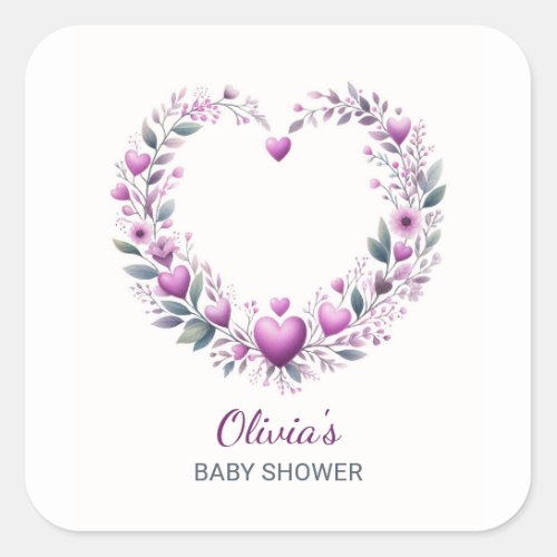 Pink Floral Heart Baby Shower Invitation Square Sticker