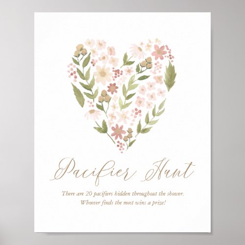 Pink Floral Heart Baby Shower Pacifier Hunt Sign