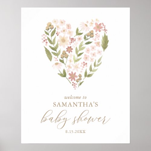 Pink Floral Heart Baby Shower Welcome Sign