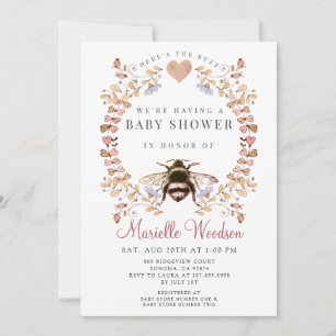 Pink Floral Heart Bee Baby Shower Invitation