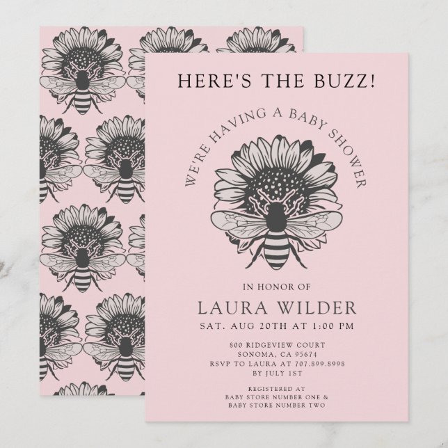 Pink Floral Heart Bee Baby Shower   Invitation (Front/Back)